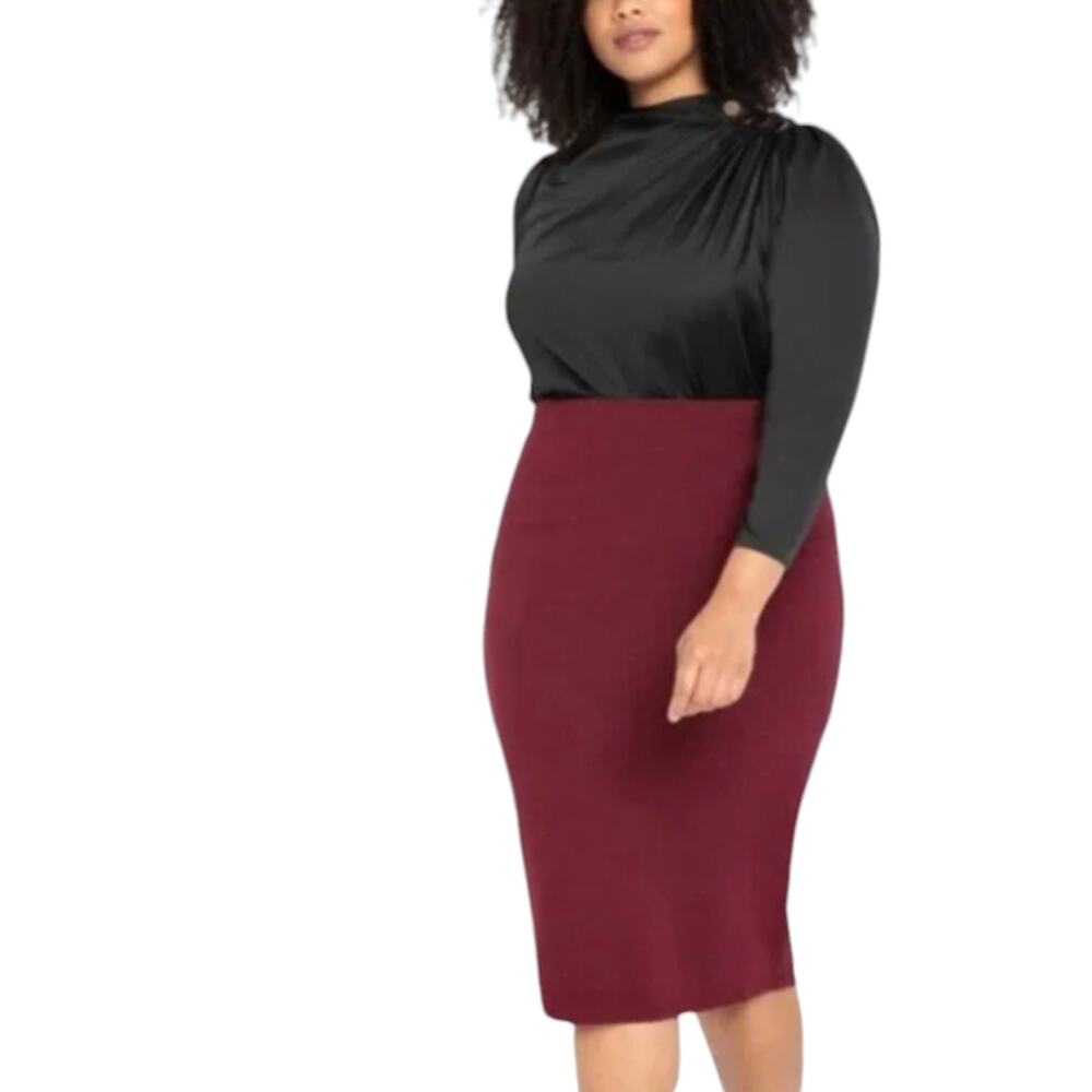 Eloquii Stretch Midi Bottom Zipper Burgundy Pencil‎ Bandage Skirt Plus Size 20